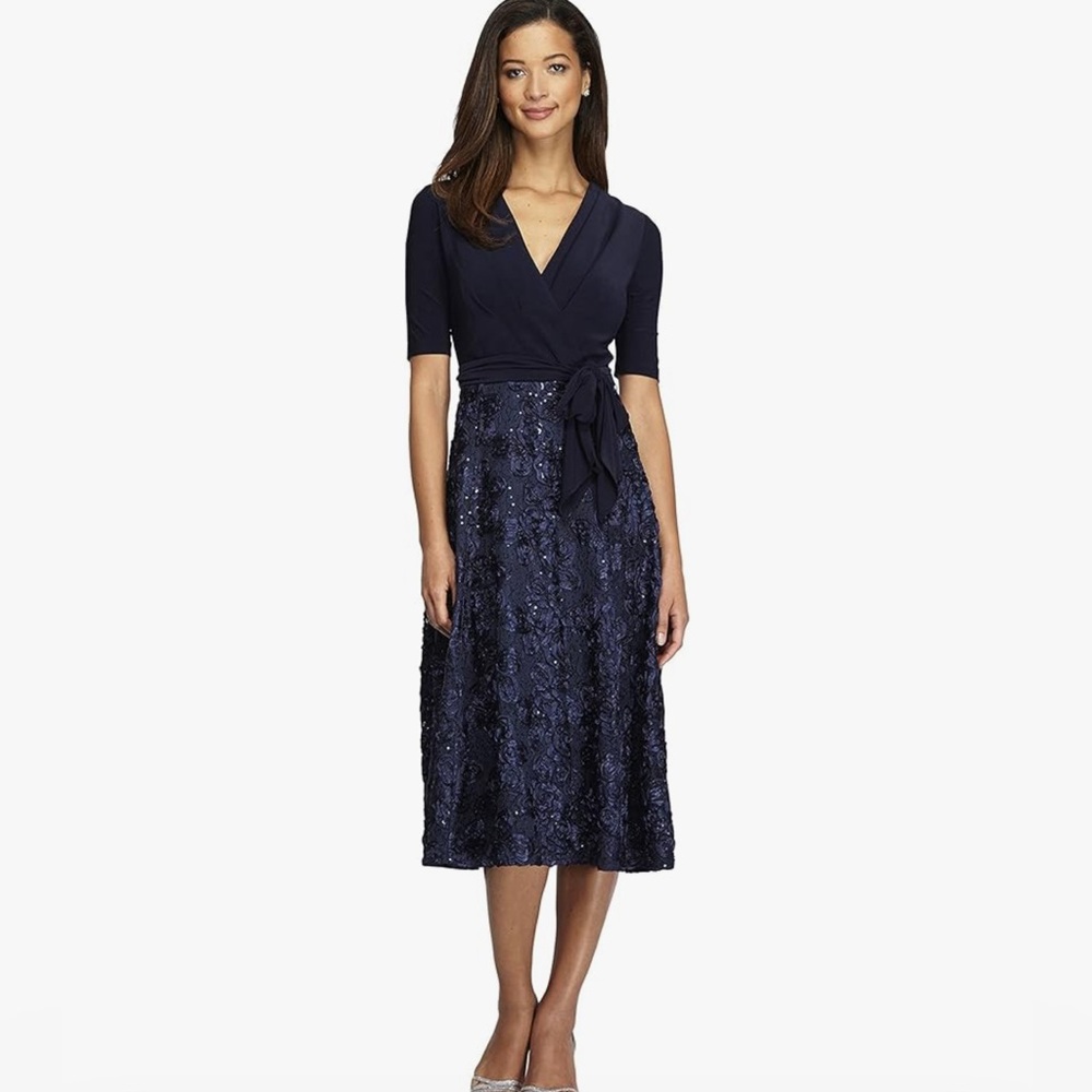 Alex Evenings Embellished Tea Length Lace and Jersey Cocktail Dress Navy NWT